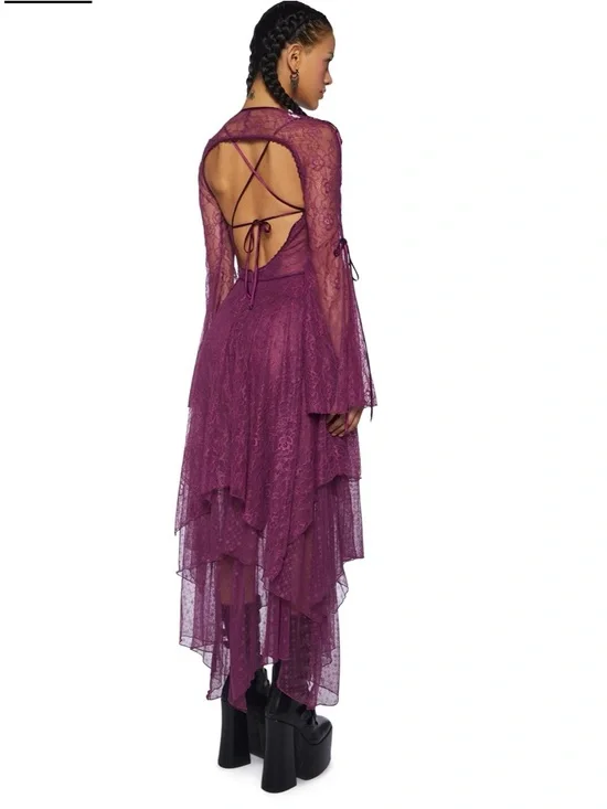 Dollskill Purple Lace Asymmetric Cutout Women's Dress and Shrug Set - Picture 3 of 3